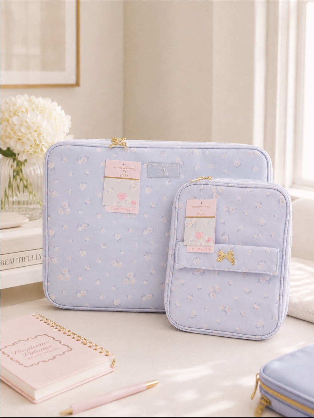 IN HAND LoveShackFancy Laptop Sleeve | Tech Organizer Everblooming Rosettes Blue